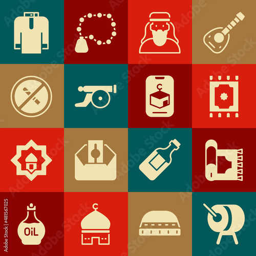 Set Ramadan drum, Traditional carpet, Muslim man, cannon, No Smoking, Shirt kurta and Star and crescent icon. Vector