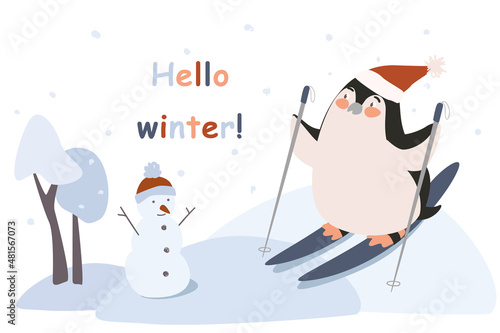 Hello winter concept background. Penguin skiing on snowy slopes next to snowman in ski resort. Cute animal greeting wintertime and outdoor activities. Vector illustration in flat cartoon design