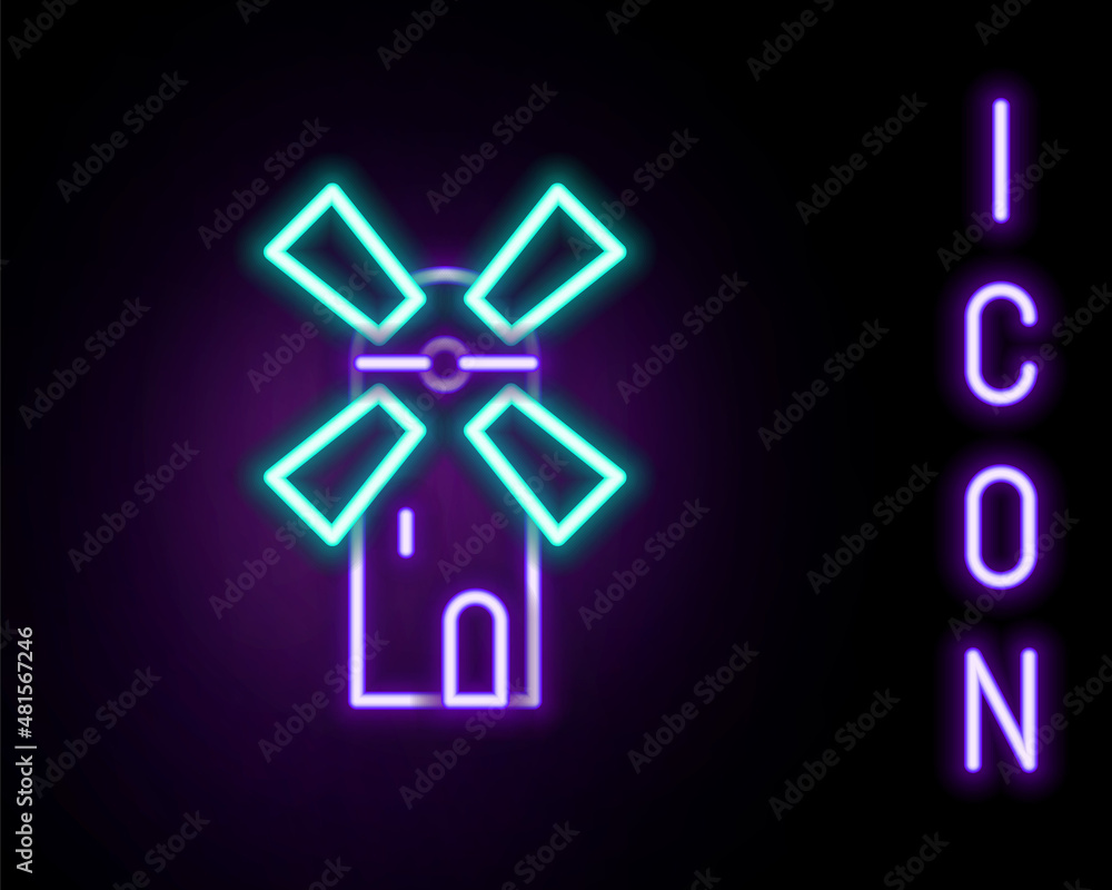 Glowing neon line Windmill icon isolated on black background. Colorful outline concept. Vector Glowing neon line Windmill icon isolated on black background. Colorful outline concept. Vector