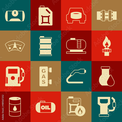 Set Petrol or gas station, Oil petrol test tube, rig with fire, Spare wheel in the car, Barrel oil, Motor gauge, Gas tank for vehicle and storage icon. Vector