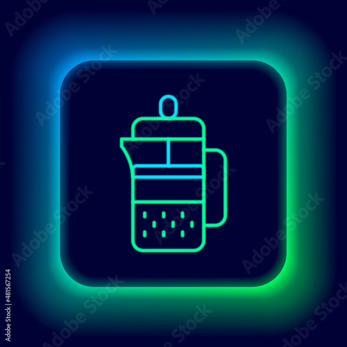 Glowing neon line French press icon isolated on black background. Colorful outline concept. Vector