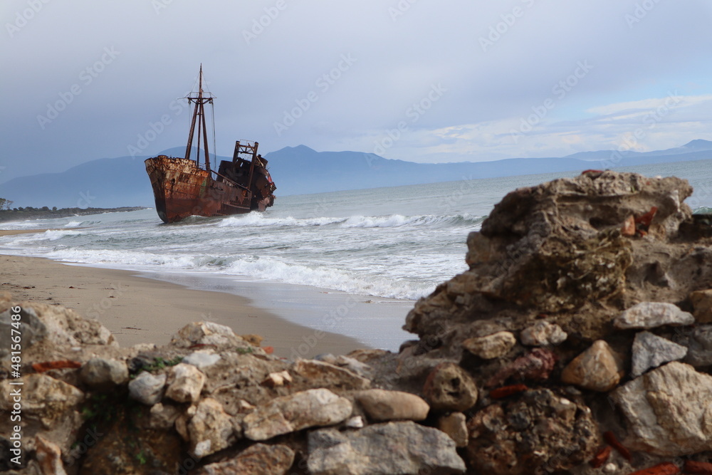 Dimitrios ship wreck old and rusty on beach near Gythio, peleponnes, Greece