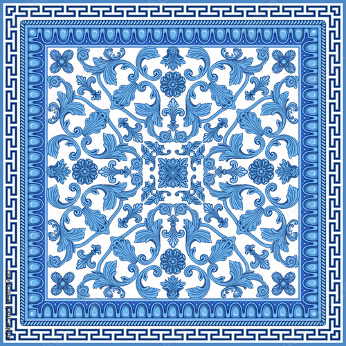 Baroque scrolls rosette, indigo blue Greek key pattern, meander border frieze, carved frame on a white background. Scarf, bandana blue print, neckerchief, pocket handkerchief, carpet 