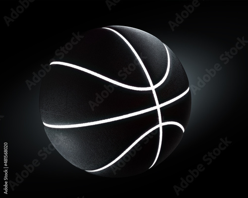3D render of basketball ball on a black background. Black ball with light stripes © ArmorProduction
