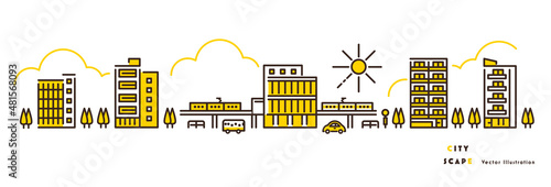 街並みのイラストセット ビル マンション 駅ビル 黄色のツートーン