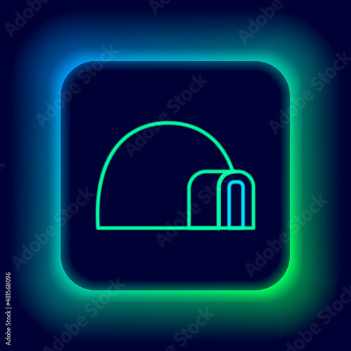 Glowing neon line Igloo ice house icon isolated on black background. Snow home, Eskimo dome-shaped hut winter shelter, made of blocks. Colorful outline concept. Vector