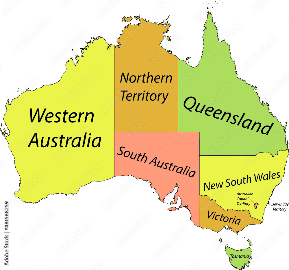 Pastel vector administrative map of AUSTRALIA with black border lines ...