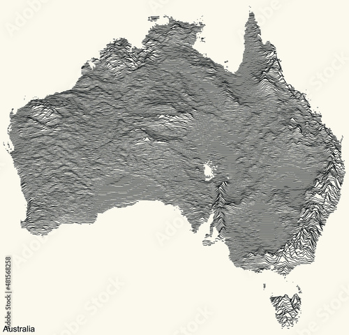 Topographic relief map of AUSTRALIA with black contour lines on vintage beige background