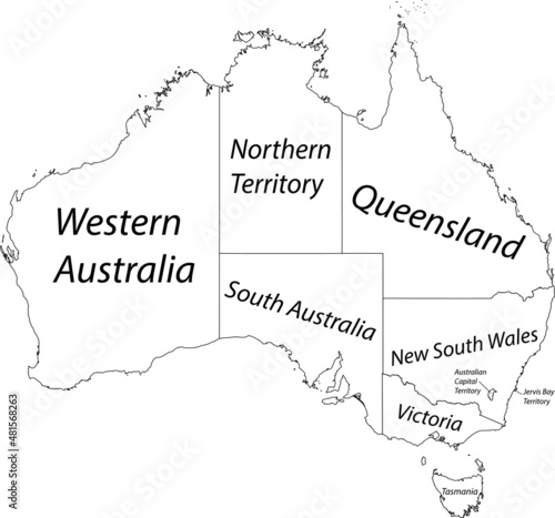 White vector administrative map of AUSTRALIA with black border lines and name tags of its states and territories