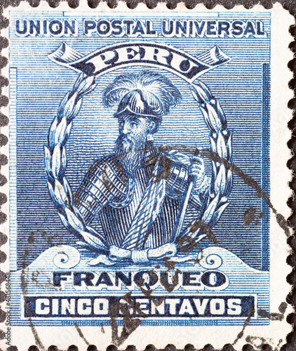 Peru - Circa 1896: A postage stamp from Peru showing a portrait of the Spanish conquistador Francisco Pizarro photo