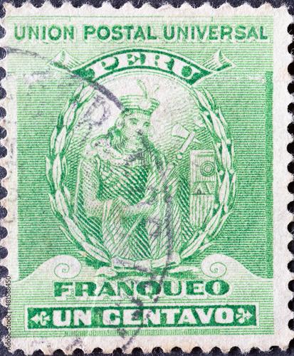 Peru - Circa 1898 A postage stamp from Peru showing a portrait of the ruler of the Inca Empire Atahualpa photo