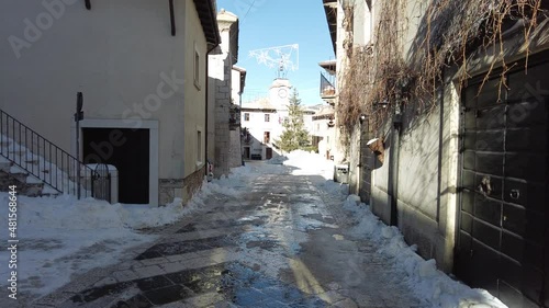 The beautiful village of Pescocostanzo covered in snow during winter time. Abruzzo, central Italy.	 photo