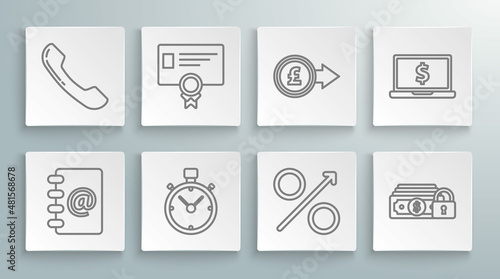 Set line Address book, Certificate template, Stopwatch, Percent up arrow, Money with lock, Coin money pound sterling symbol, Laptop dollar and Telephone handset icon. Vector