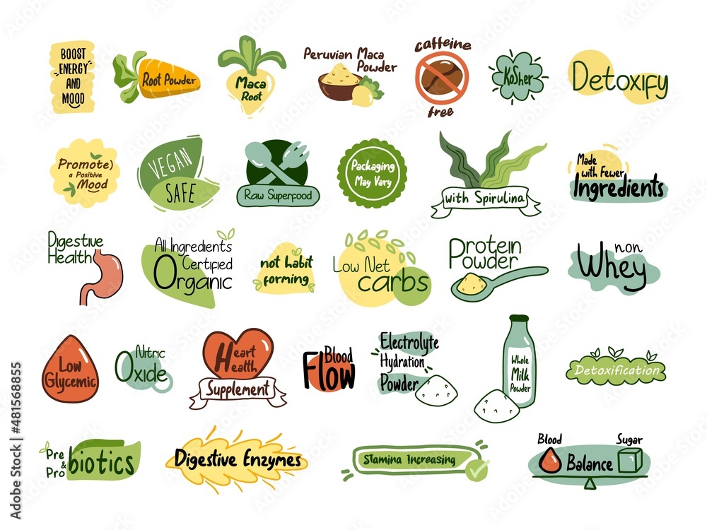 Product quality tag, healthy food element set