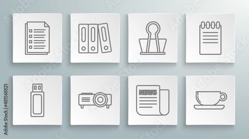 Set line USB flash drive, Office folders with papers and documents, Presentation, movie, film, media projector, News, Coffee cup flat, Binder clip, Notebook and File icon. Vector