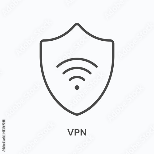 Vpn flat line icon. Vector outline illustration of wifi and shield. Black thin linear pictogram for cyber security