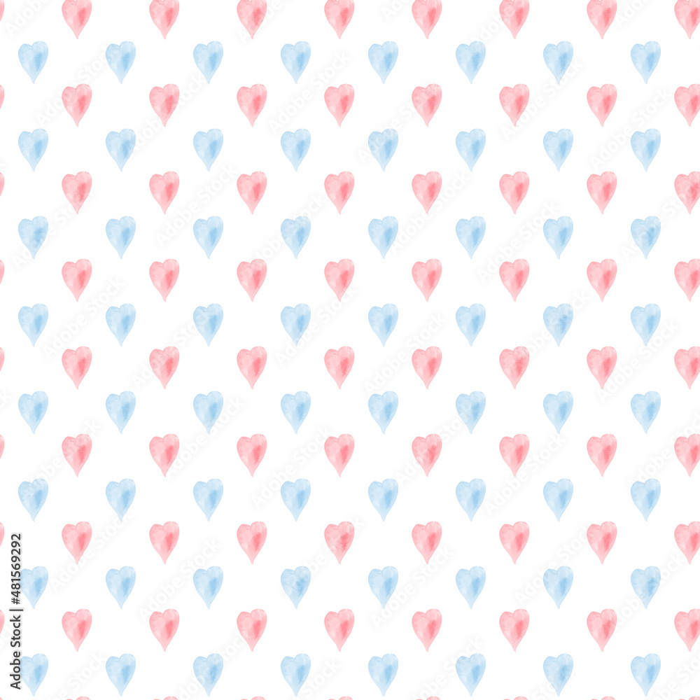 Watercolor heart seamless pattern for fabric. Valentine;s day hearts, Pastel heart repeat background for Valentine's Day greeting cards, posters, baby shower