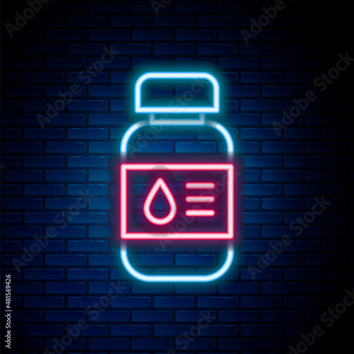 Glowing neon line Printer ink bottle icon isolated on brick wall background. Colorful outline concept. Vector