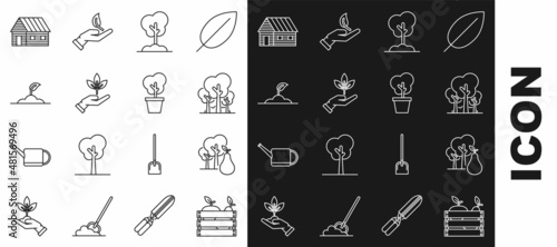 Set line Wooden box for fruits and vegetables, Tree with pears, Trees, in the ground, Plant hand of environmental protection, Sprout, Farm house and pot icon. Vector
