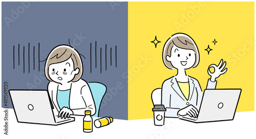 ベクターイラスト素材：元気に働く女性と疲れている女性
