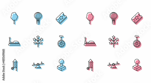 Set line Firework rocket, Seesaw, Cotton candy, Joystick for arcade machine, Fireworks, Unicycle one wheel bicycle, Bumper car and Hot air balloon icon. Vector