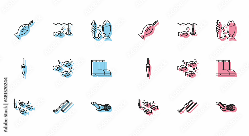 Set line Fishing hook under water with fish, line and float, on, Spinning reel for fishing, boots, and icon. Vector Set line Fishing hook under water with fish, line and float, on, Spinning reel for fishing, boots, and icon. Vector