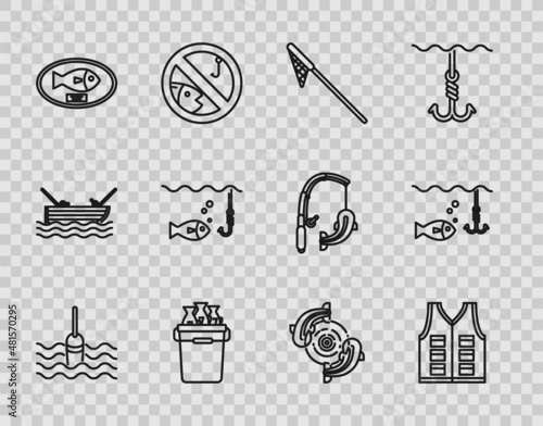 Set line Fishing float in water, jacket, net, bucket with fishes, trophy hanging on the board, hook under, and icon. Vector