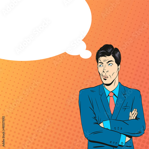 Man in a suit is thinking about something. Pop art comics retro design vector illustration.
