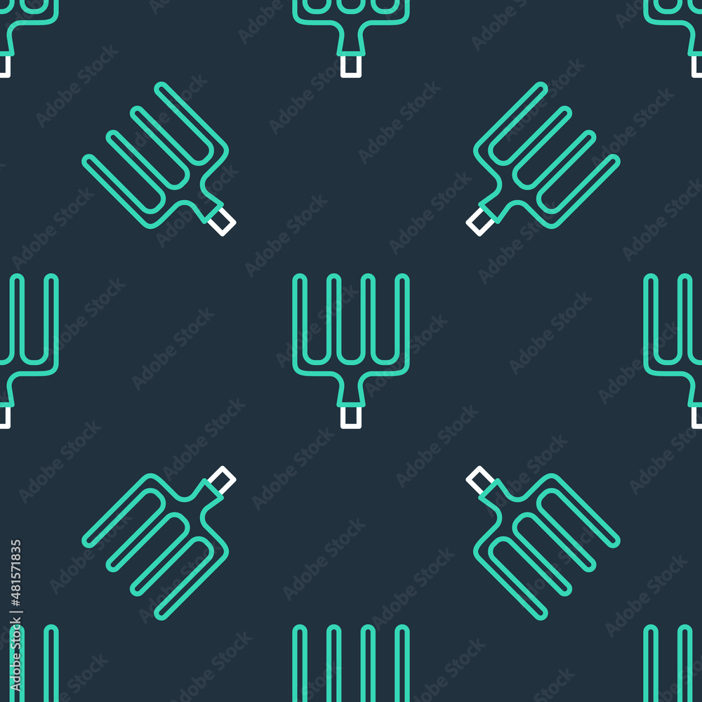 Line Garden pitchfork icon isolated seamless pattern on black background. Garden fork sign. Tool for horticulture, agriculture, farming. Vector Line Garden pitchfork icon isolated seamless pattern on black background. Garden fork sign. Tool for horticulture, agriculture, farming. Vector