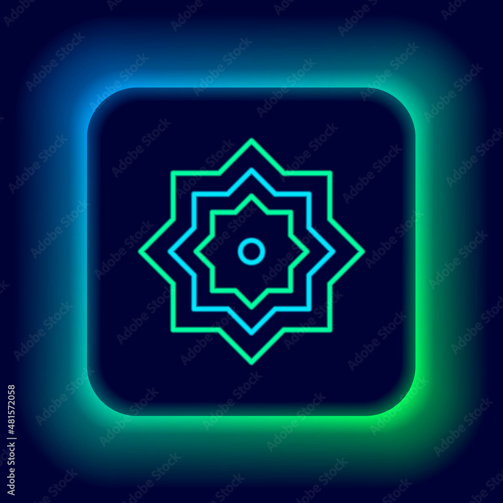 Glowing neon line Islamic octagonal star ornament icon isolated on black background. Colorful outline concept. Vector