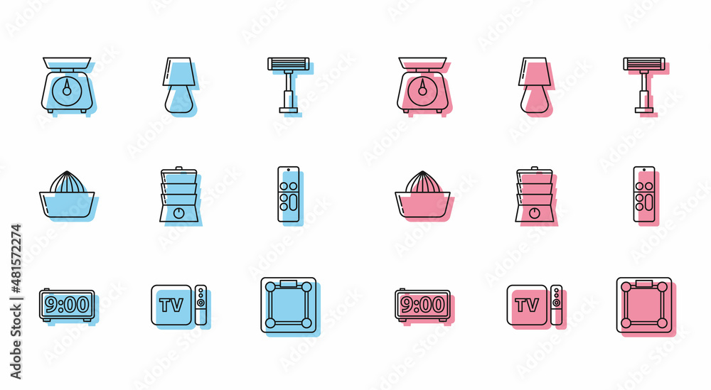 Set line Digital alarm clock, TV box receiver and player with remote controller, Scales, Bathroom scales, Double boiler, Remote, Citrus fruit juicer and Table lamp icon. Vector Set line Digital alarm clock, TV box receiver and player with remote controller, Scales, Bathroom scales, Double boiler, Remote, Citrus fruit juicer and Table lamp icon. Vector
