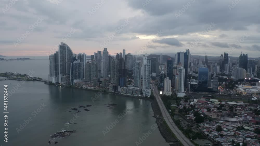 Aerial view of panama city on a cloudy stormy day, tracking wide shot Aerial view of panama city on a cloudy stormy day, tracking wide shot