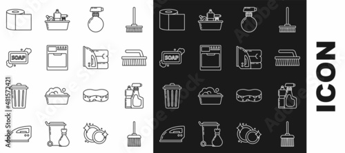 Set line Handle broom, Plastic bottles for liquid dishwashing liquid, Brush cleaning, Washer, Bar of soap with foam, Toilet paper roll and Electric iron towel icon. Vector