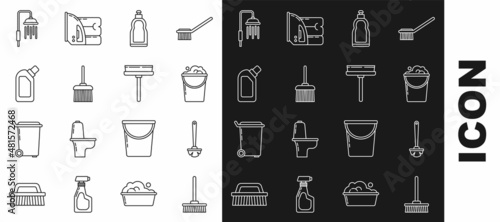 Set line Mop, Toilet brush, Bucket with foam and bubbles, Plastic bottles for liquid dishwashing liquid, Handle broom, Shower head water drops flowing and Squeegee, scraper, wiper icon. Vector