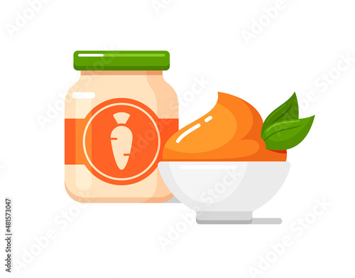 Carrot puree in baby food jar with label and white bowl. Kids nutrition icon. Vector colorful flat illustration isolated on white background