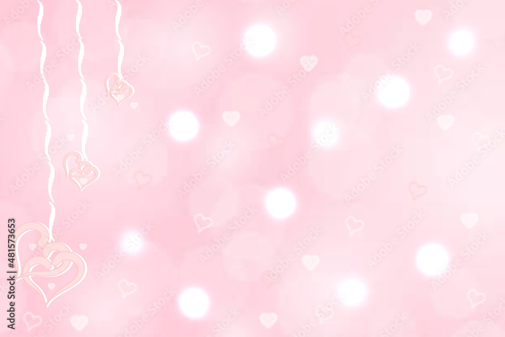 Abstract festive blur light pink pastel background with white pink hearts inside love bokeh for wedding card or Valentine day.  Romantic textured backdrop with space for your design. Card concept.