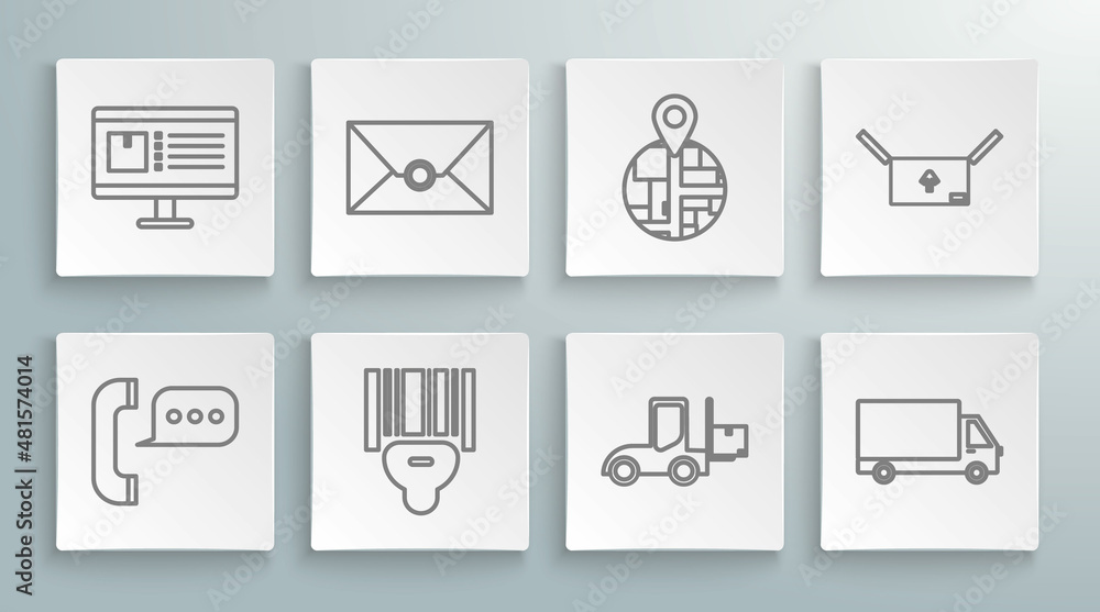 Set line Telephone with speech bubble chat, Scanner scanning bar code, Forklift truck, Delivery cargo vehicle, Cardboard box traffic symbol and Computer monitor app delivery tracking icon. Vector Set line Telephone with speech bubble chat, Scanner scanning bar code, Forklift truck, Delivery cargo vehicle, Cardboard box traffic symbol and Computer monitor app delivery tracking icon. Vector