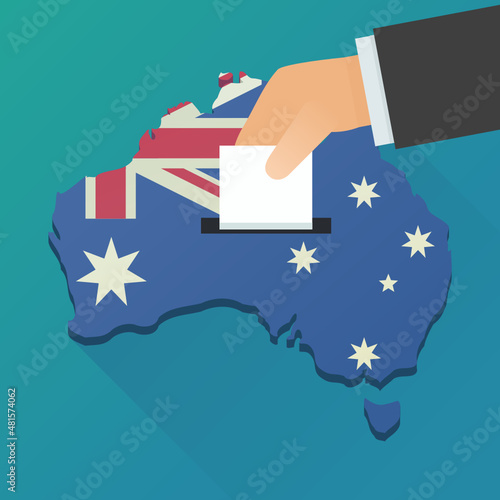 Hand dropping a ballot into a ballot box shaped like an Australia map in the colors of the Australian flag (flat design)