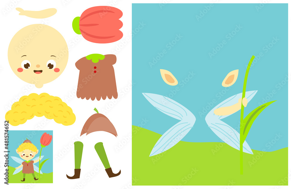 Cut and paste children educational game. Make a fairy flower elf boy with glue and scissors. DIY worksheet for kids Cut and paste children educational game. Make a fairy flower elf boy with glue and scissors. DIY worksheet for kids