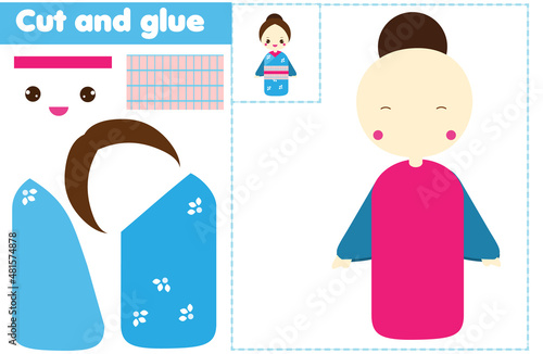 Cut and paste children educational game. Paper cutting activity. Make japanese kokeshi doll with glue and scissors. Stickers fun for toddlers