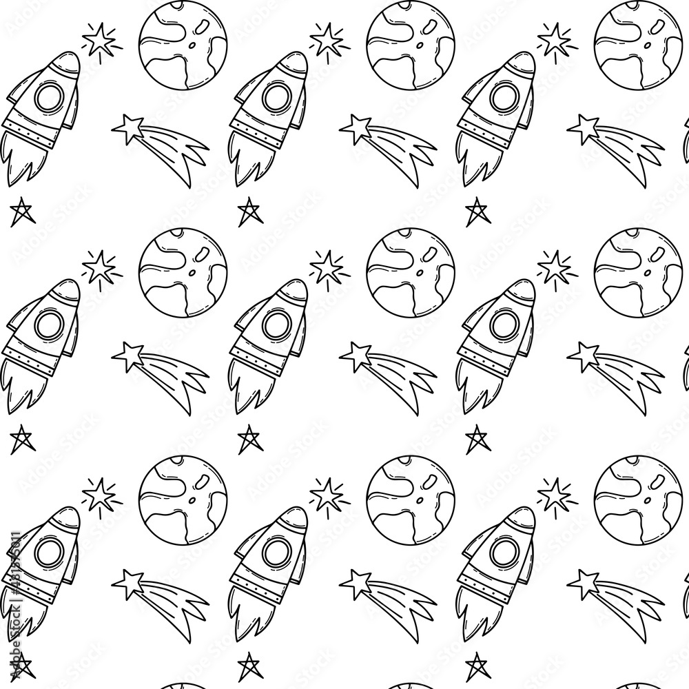 pattern with planets, a shooting star and a doodle-style rocket. Space, science. Vector pattern with planets, a shooting star and a doodle-style rocket. Space, science. Vector