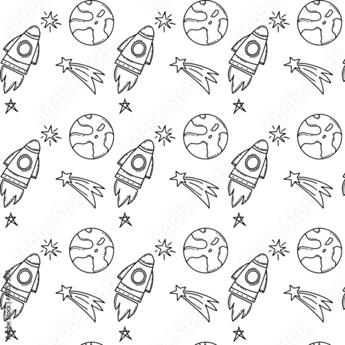 pattern with planets, a shooting star and a doodle-style rocket. Space, science. Vector