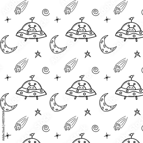pattern with a space plate, an alien, a meteorite and a doodle-style moon. Space, science. Vector