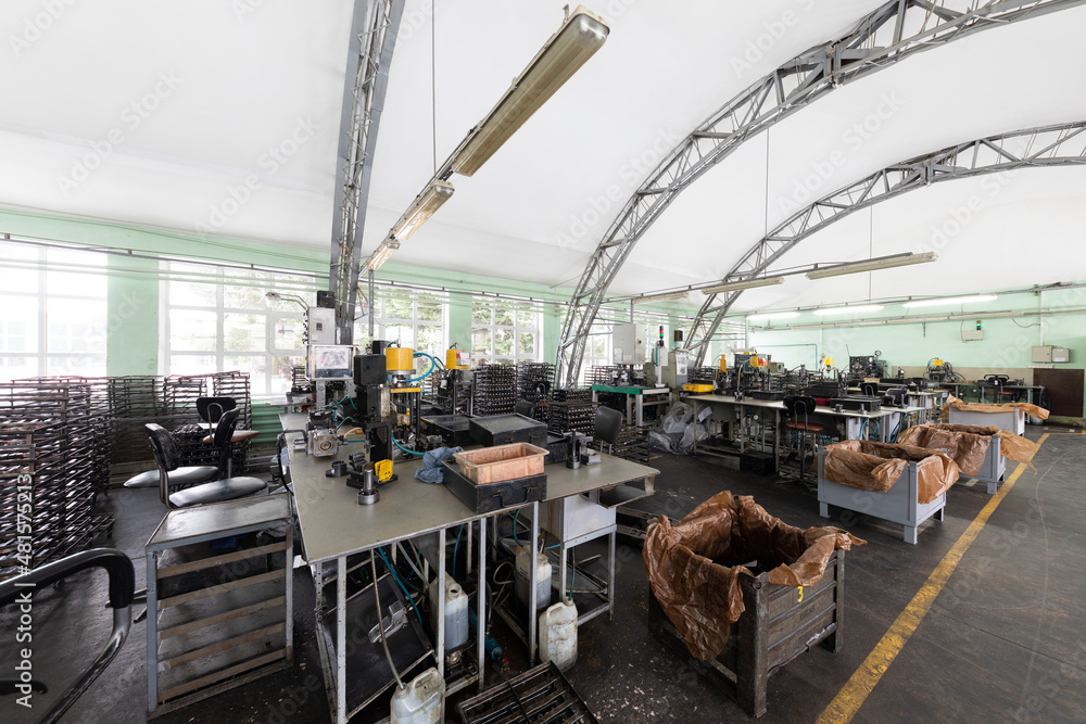 Automobile assembly production. Engine factory. Plant concept and interior. Industrial scenery background