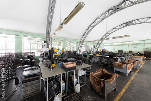 Automobile assembly production. Engine factory. Plant concept and interior. Industrial scenery background