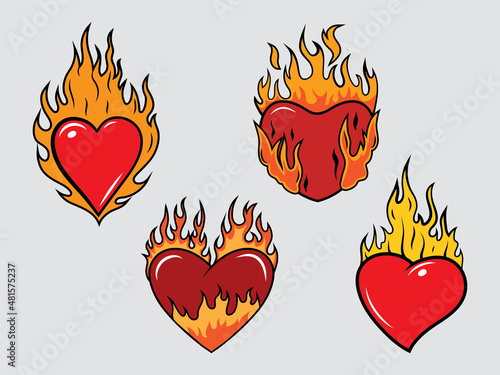 Set of burning hearts. Collection of orange flaming heart  for Valentine's day. A symbol of passion and love. Tattoo. Vector illustration isolated on white background.