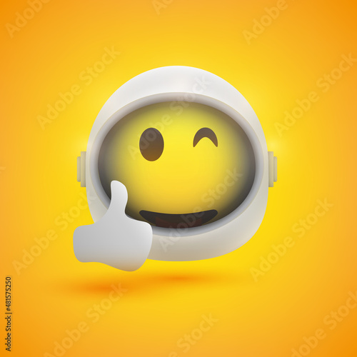 Smiling Satisfied Spaceman Emoji with Space Helmet On Showing Thumbs Up - Emoticon On Yellow Background - Vector Design