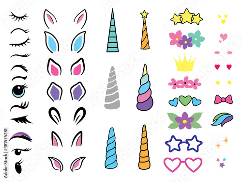 Set of unicorn creation kit. Collection of a magic unicorn constructor horn, eyes, ear, hairs for birthday party. Funny fairytale animal. Vector illustration of cartoon face pony. Drawing for girls.