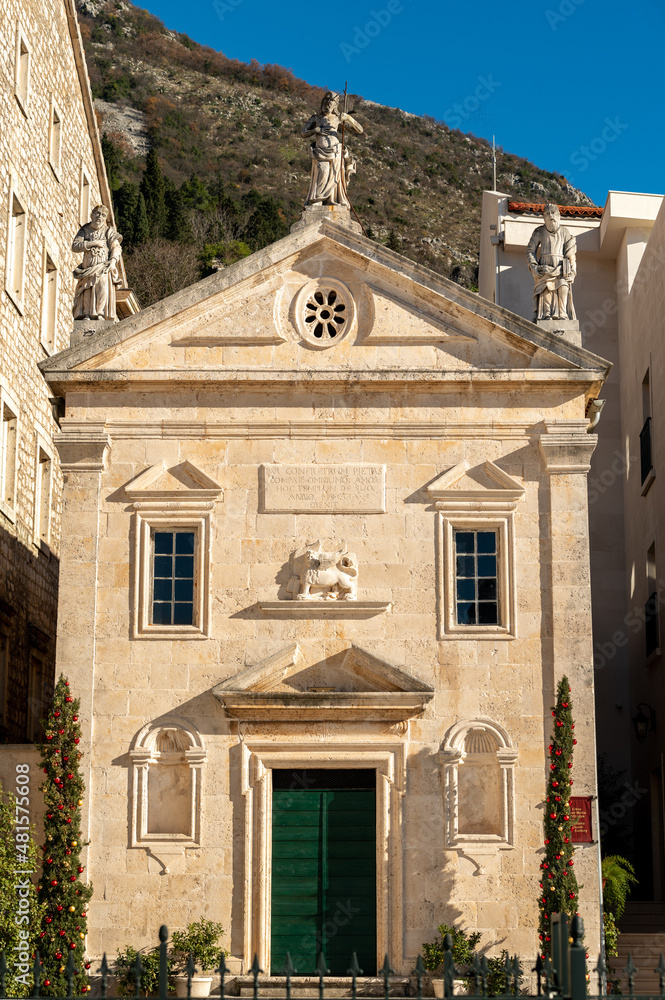 old building in Perast. Historic city of Perast in Bay of Kotor. Architecture Historic town of Perast
