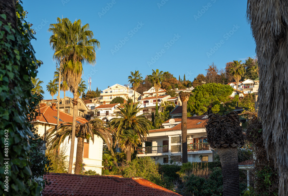 Fototapeta premium Herceg Novi. Montenegro, Bay of Kotor, Herceg Novi - old town at Adriatic coast. Herceg Novi - coastal town in Montenegro located at entrance to Bay of Kotor